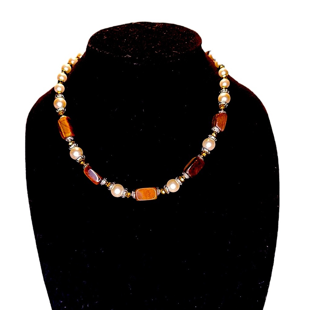 Vintage style cat eye stone, glass beads and faux pearls necklace